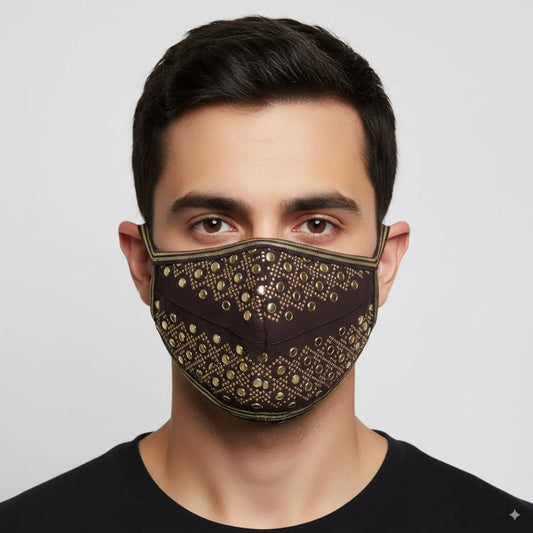 Brown face mask with gold-tone metallic studs in a geometric pattern and matching trim by MetroMaleWear