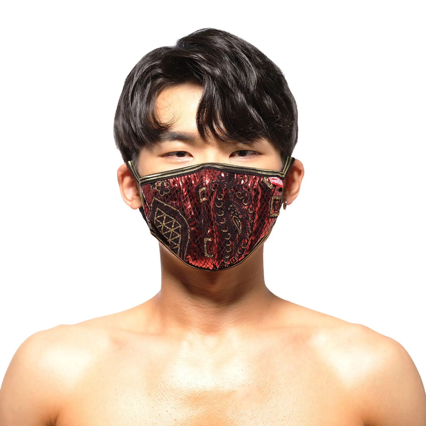 A red and black sequined MetroMaleWear face mask with gold metal paisley embroidery details