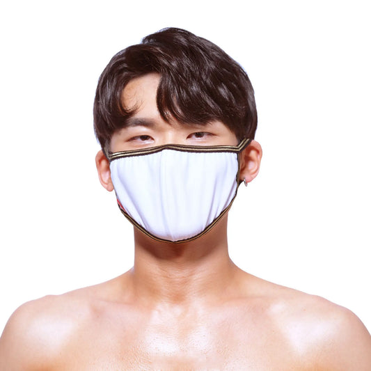 White face mask with gold trim by MetroMaleWear model 0111-00 designed for stylish protective wear