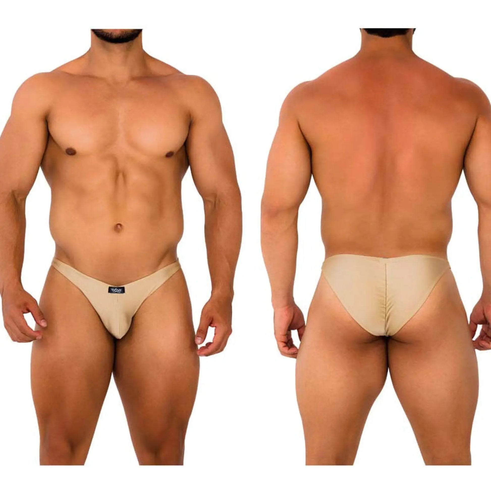 Beige form-fitting briefs metroMalewear fantasy bikini gold 6116-21 with subtle brand logo on the front