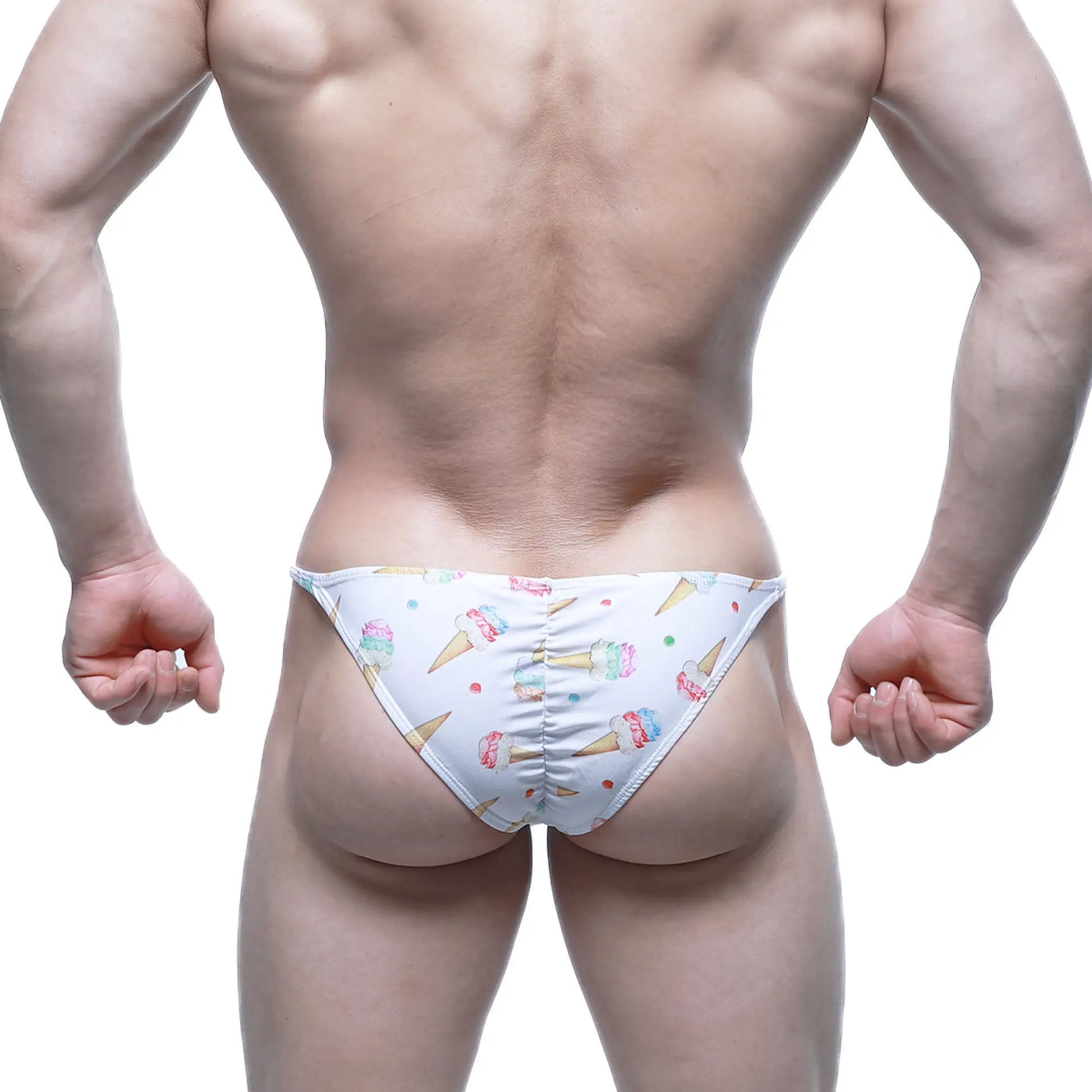 White swim trunks from MetroMaleWear fantasy bikini 6116-60 with colorful ice cream cone and sprinkle pattern