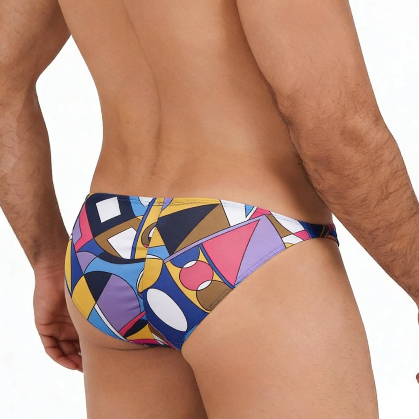 MetroMalewear fantasy bikini picasso 6116-87 swim trunks with vibrant geometric pattern in bold blues yellows pinks and purples
