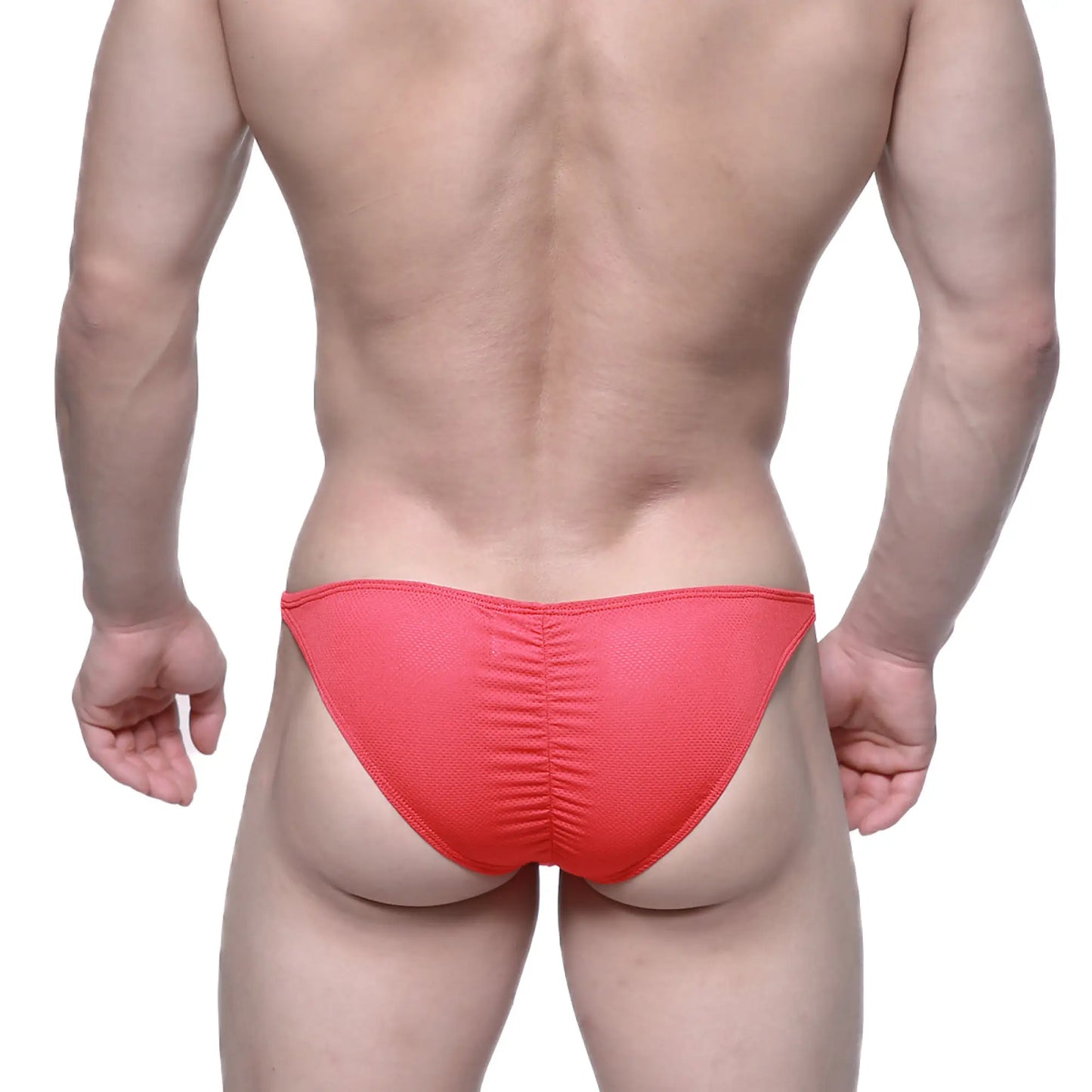 MetroMaleWear fantasy bikini red 6116-12 bright coral red textured mesh briefs with ruched back design shown from back