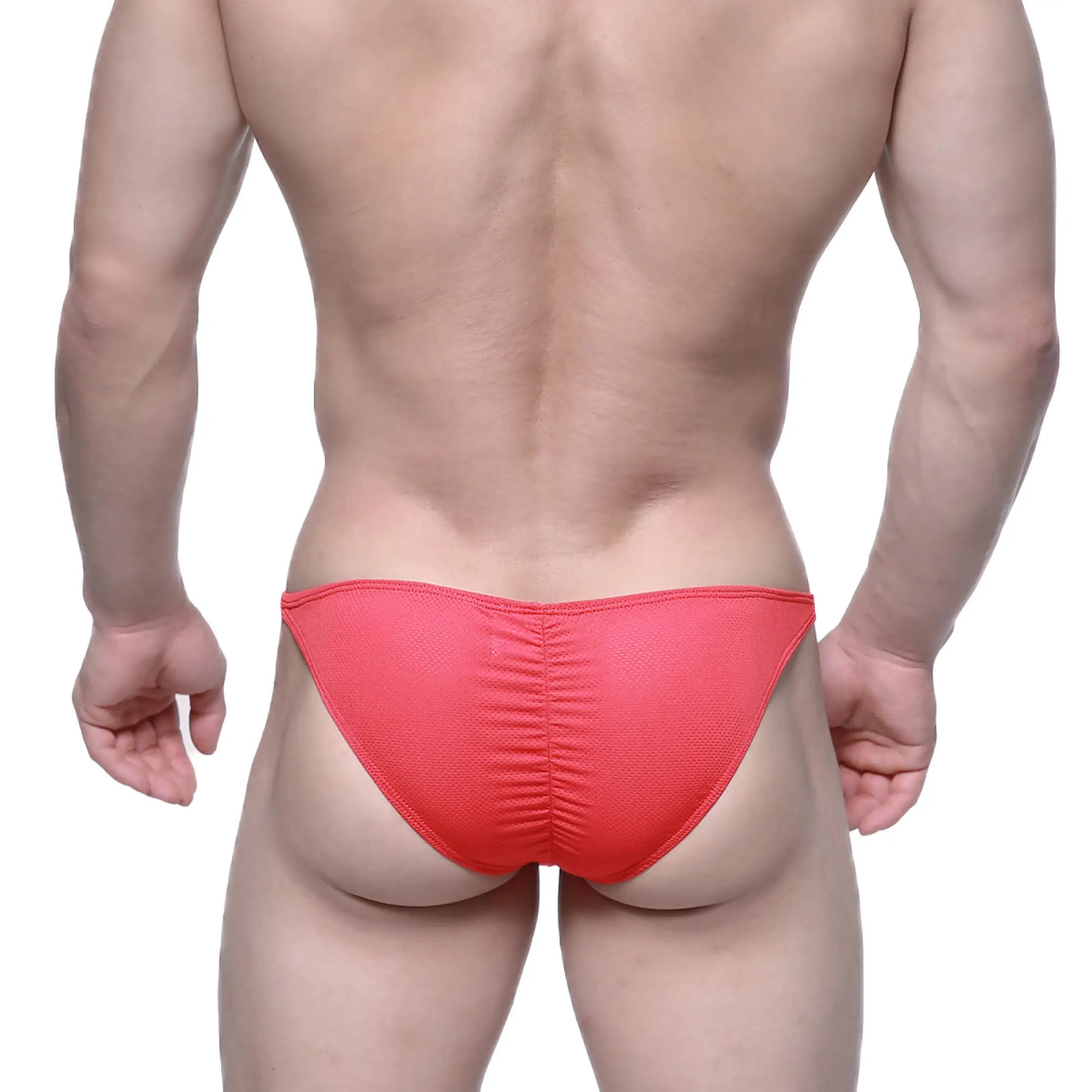 MetroMaleWear fantasy bikini red 6116-12 bright coral red textured mesh briefs with ruched back design shown from back