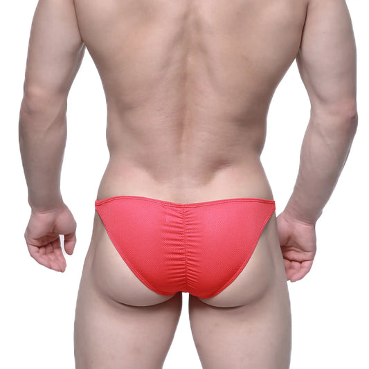 MetroMaleWear fantasy bikini red 6116-12 bright coral red textured mesh briefs with ruched back design shown from back