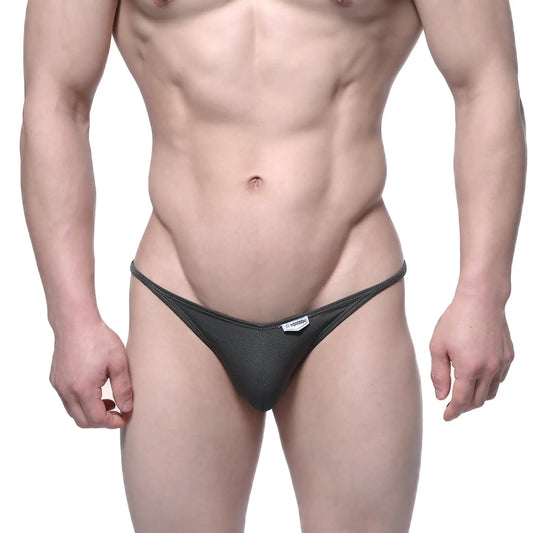 Black mesh MetroMaleWear Fantasy Thong khaki 6112-26 with small white brand tag at waistband visible from back side