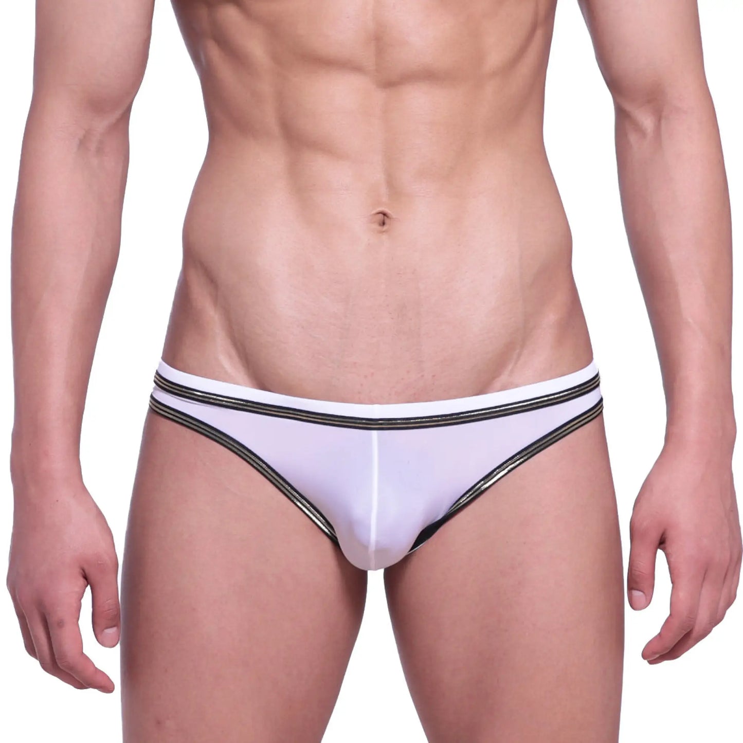 Metro malewear faro jock strap white briefs with black and gold striped trim front view for men