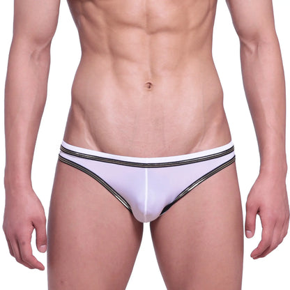 Metro malewear faro jock strap white briefs with black and gold striped trim front view for men