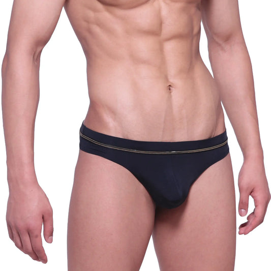 MetroMaleWear Faro thong black 1312-41 featuring black briefs with thin gold trim along the waistband
