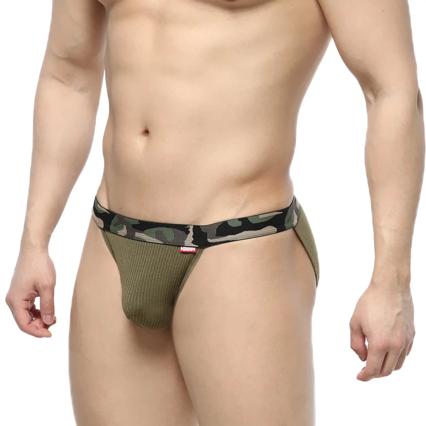 Olive green ribbed men’s briefs with camouflage waistband by metromalewear felix bikini 7004-26
