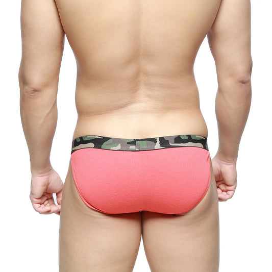 Coral pink metro malewear felix bikini briefs with camouflage-patterned waistband for men