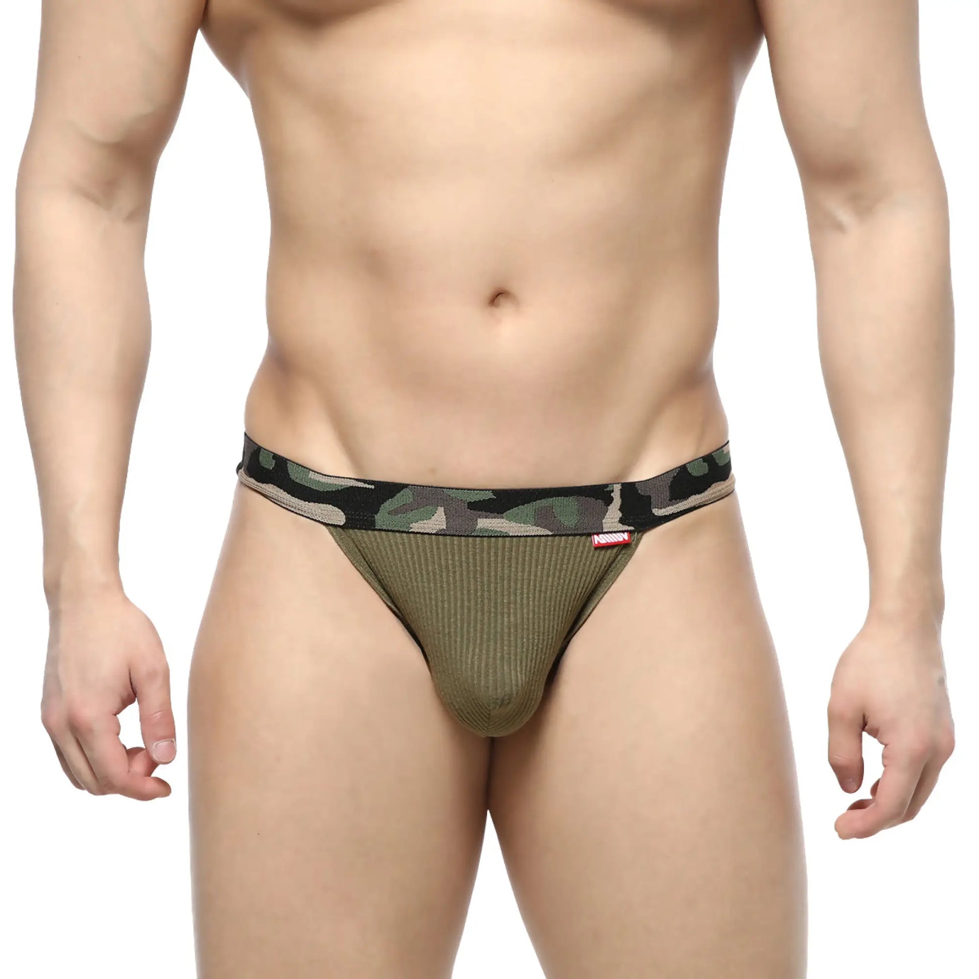 MetroMaleWear Felix jock strap green 7001-26 olive green striped underwear with camouflage patterned waistband