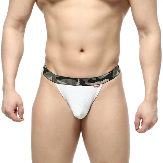 White textured briefs with a camouflage waistband from metromalewear felix thong 7012-00 front view
