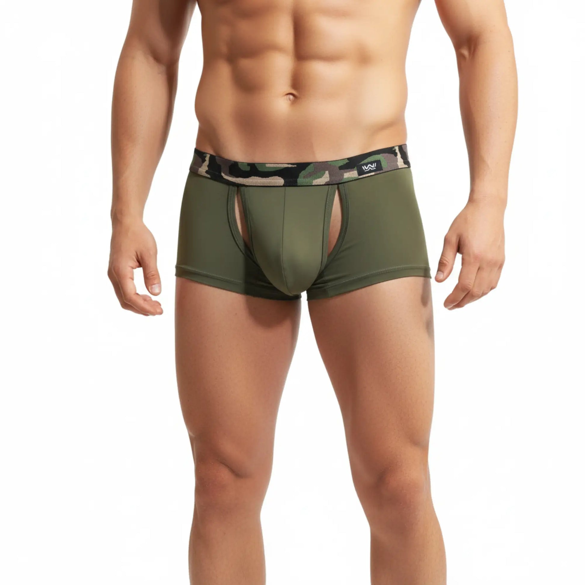 Olive green mens boxer briefs metro malewear filamento trunk with camouflage waistband and black logo