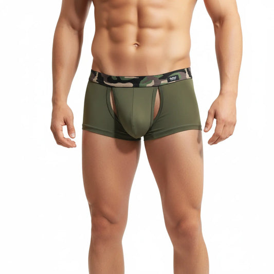 Olive green mens boxer briefs metro malewear filamento trunk with camouflage waistband and black logo