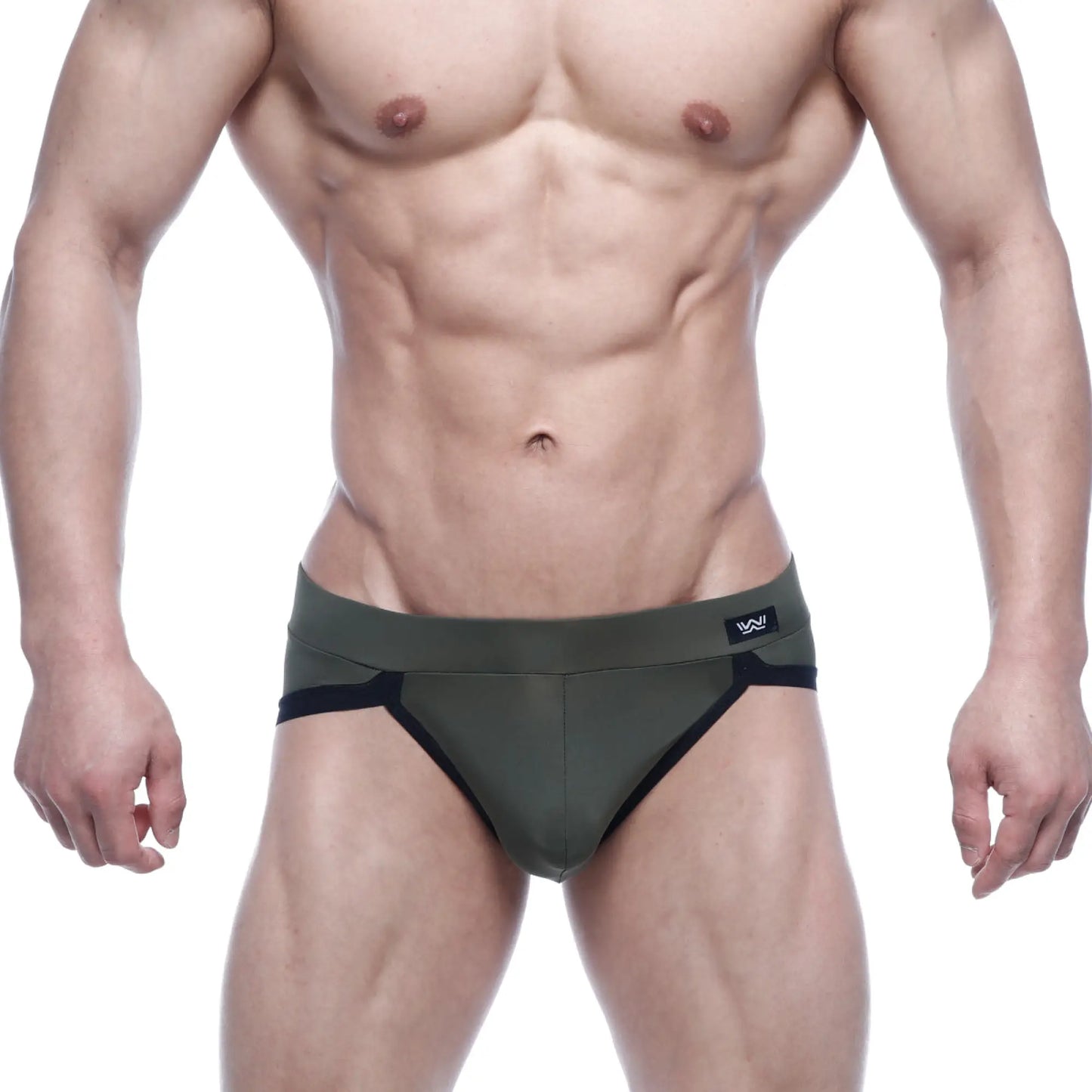 Olive green and black athletic briefs with sleek form-fitting design by metromalewear filosofico bikini 2304-26