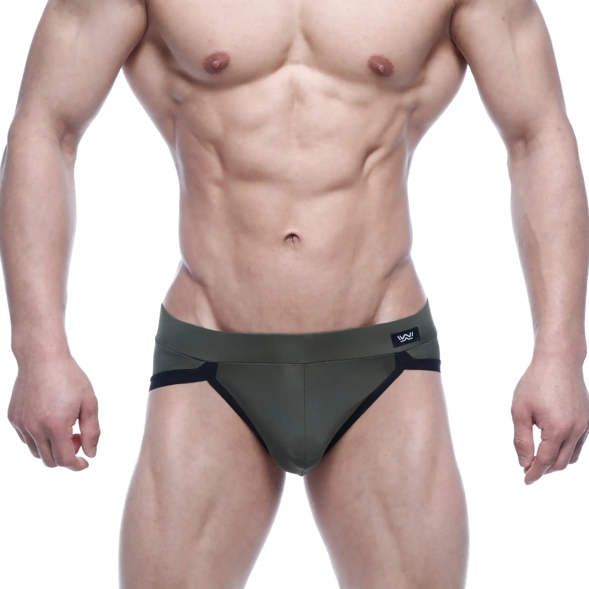 Olive green and black athletic briefs with sleek form-fitting design by metromalewear filosofico bikini 2304-26