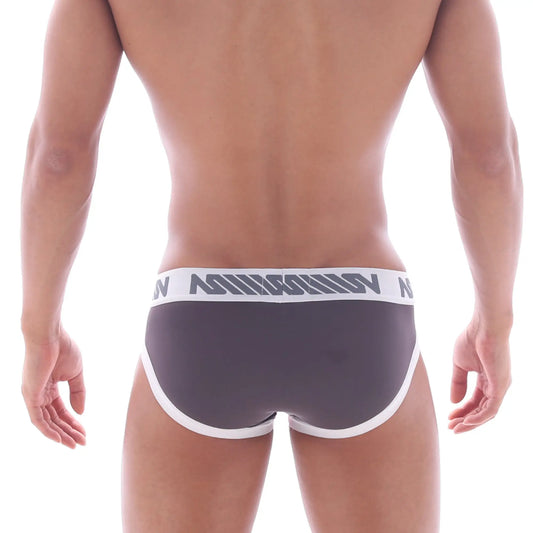Gray men’s briefs with white trim and branded waistband from MetroMaleWear Filosofico Bikini pink 2304 01 product line