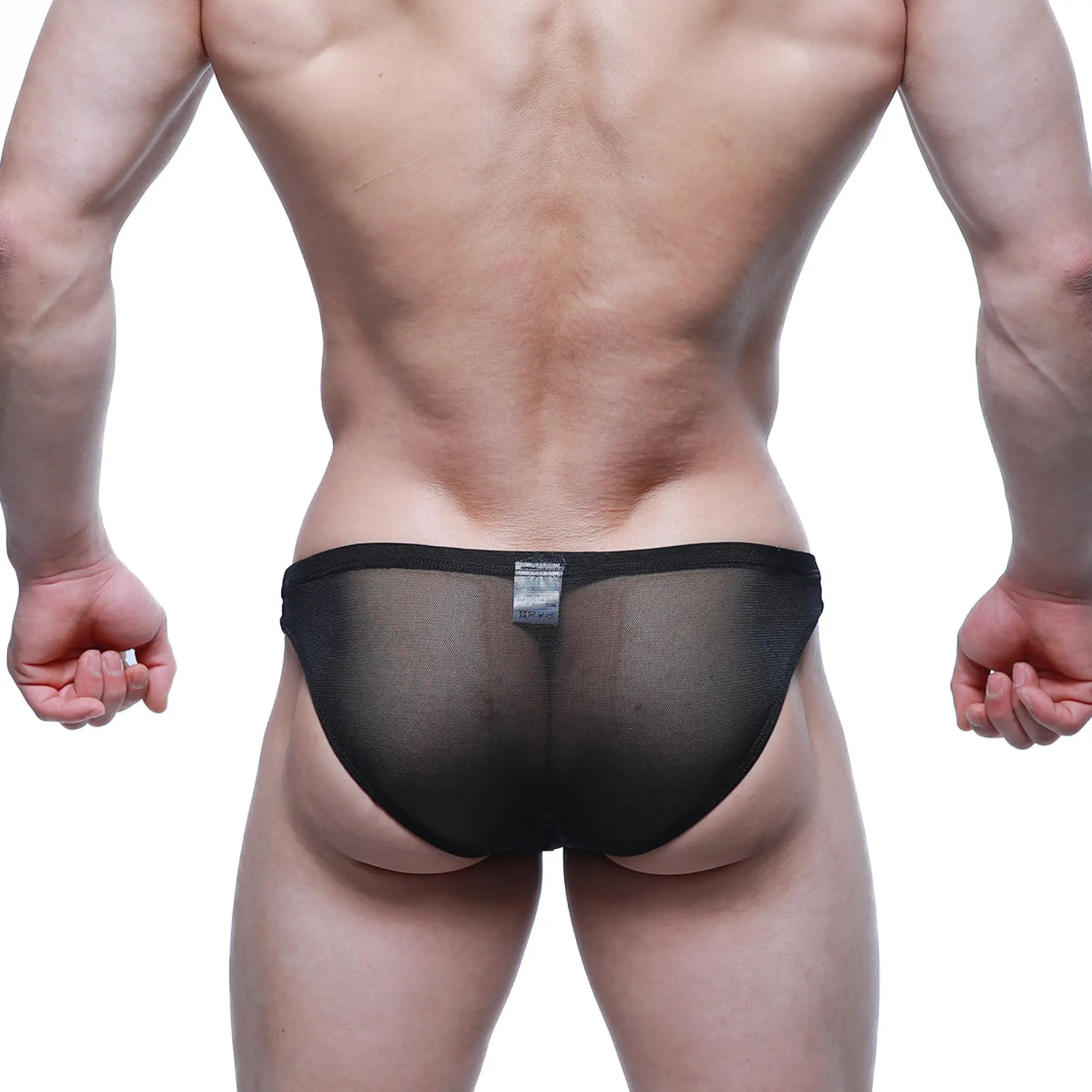 Black sheer mesh briefs with a solid black waistband metroMalewear fior bikini 3603-72 front view