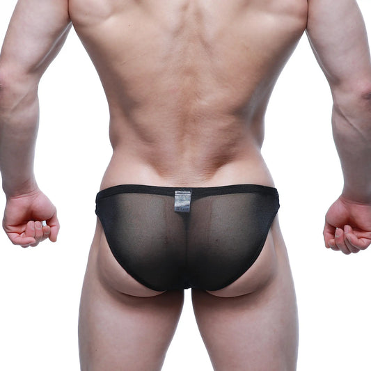 Black sheer mesh briefs with a solid black waistband metroMalewear fior bikini 3603-72 front view