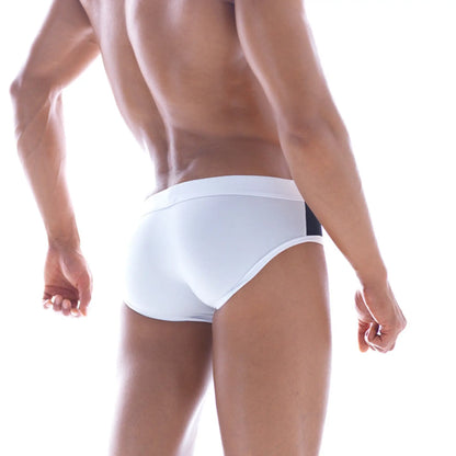 White briefs with black side panel by metromalewear firra swim brief 4924-00 showcasing swimwear design