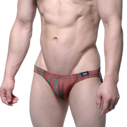 Red and green patterned men’s briefs with striped texture from metromalewear fire bikini 5103-m73 collection