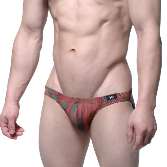 Red and green patterned men’s briefs with striped texture from metromalewear fire bikini 5103-m73 collection