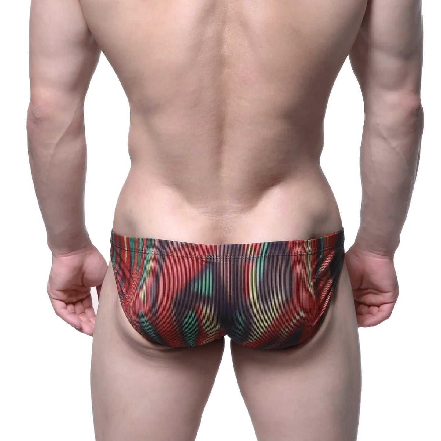 Metro malewear fire bikini 5103-m73 vibrant red green and black ribbed abstract patterned swim trunks