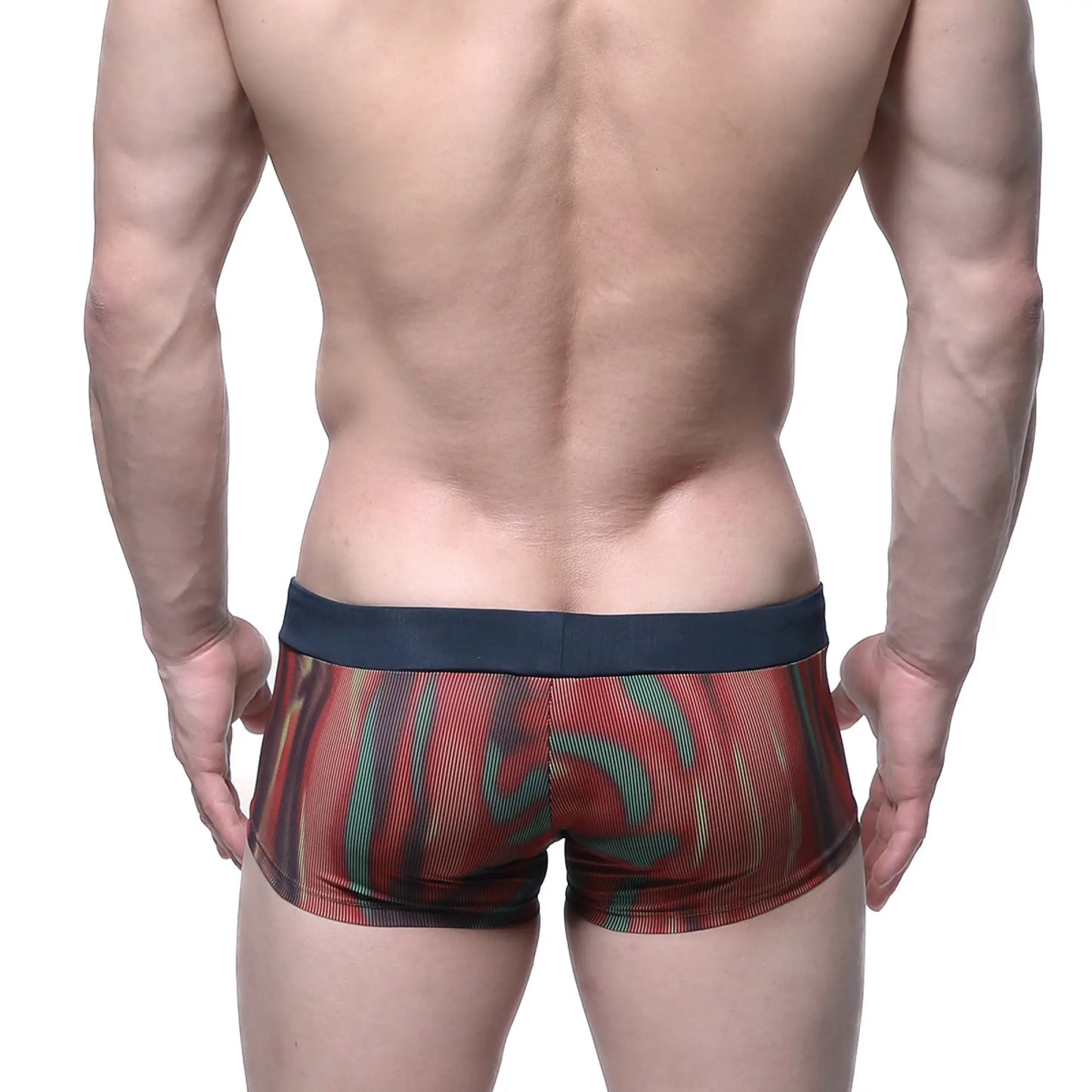 MetroMaleWear fire swim boxer briefs 4986-70 red and green abstract pattern with solid navy blue waistband