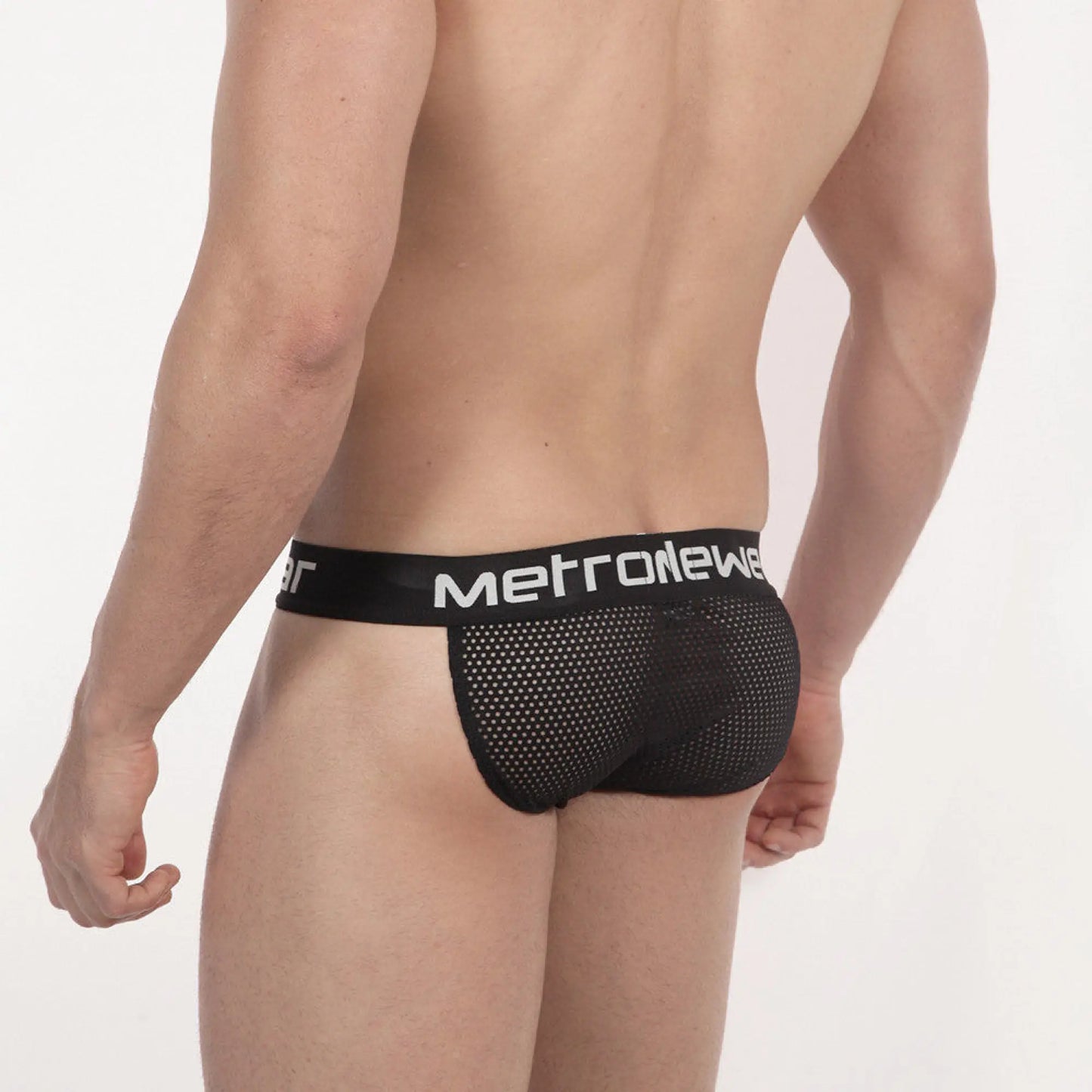 Black mesh fishnet bikini briefs with white metronewer logo on waistband from metromalewear model 3004-66
