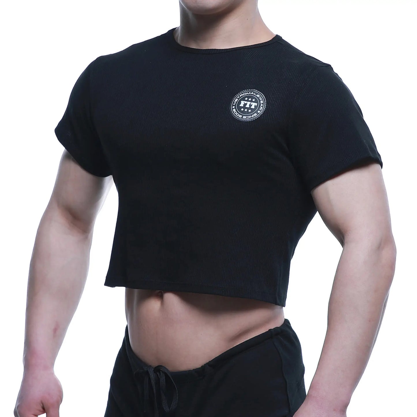 Black MetroMaleWear FIT cropped short-sleeve t-shirt with white circular logo on chest for casual wear