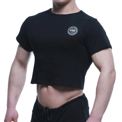 Black MetroMaleWear FIT cropped short-sleeve t-shirt with white circular logo on chest for casual wear