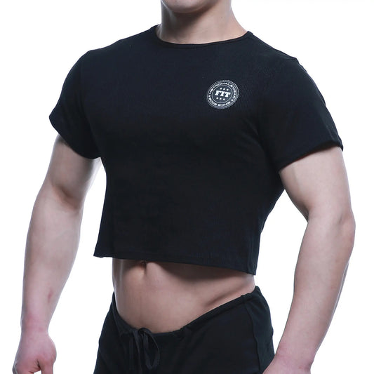 Black MetroMaleWear FIT cropped short-sleeve t-shirt with white circular logo on chest for casual wear