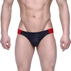 Black swim trunks with red side panels by Metromalewear suitable for swimming and beachwear