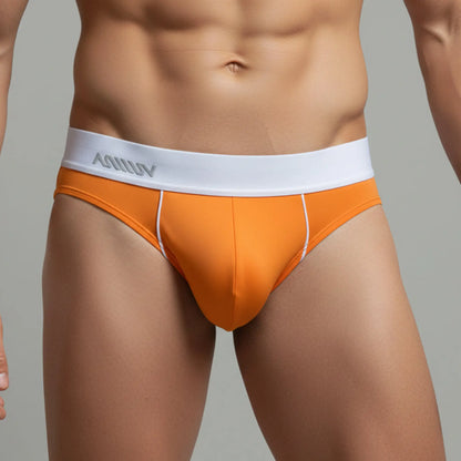 Orange men’s briefs metroMalewear flow brief 6113-14 with white kolly waistband and subtle white side stitching