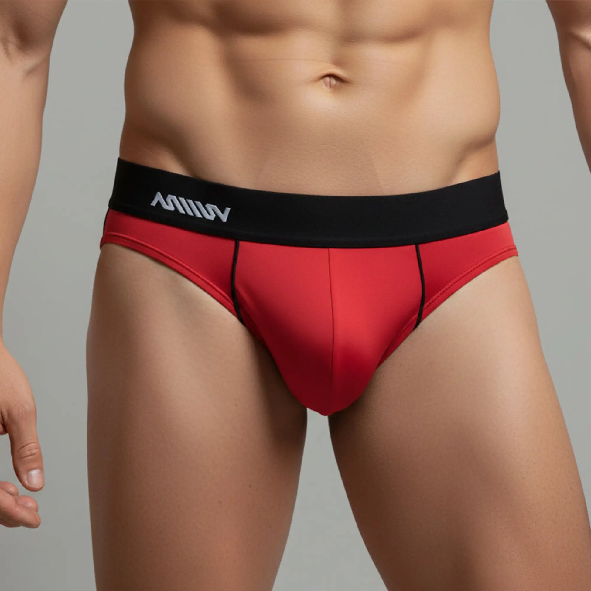Red men’s briefs metroMalewear flow brief 6113-12 with black waistband and white lettering for comfortable wear