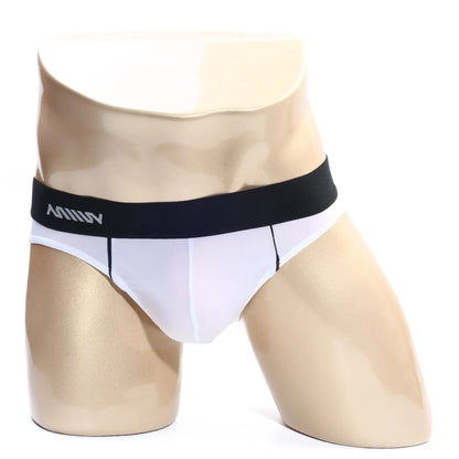 MetroMaleWear flow brief white with black waistband and silver milli logo on elastic for comfortable support