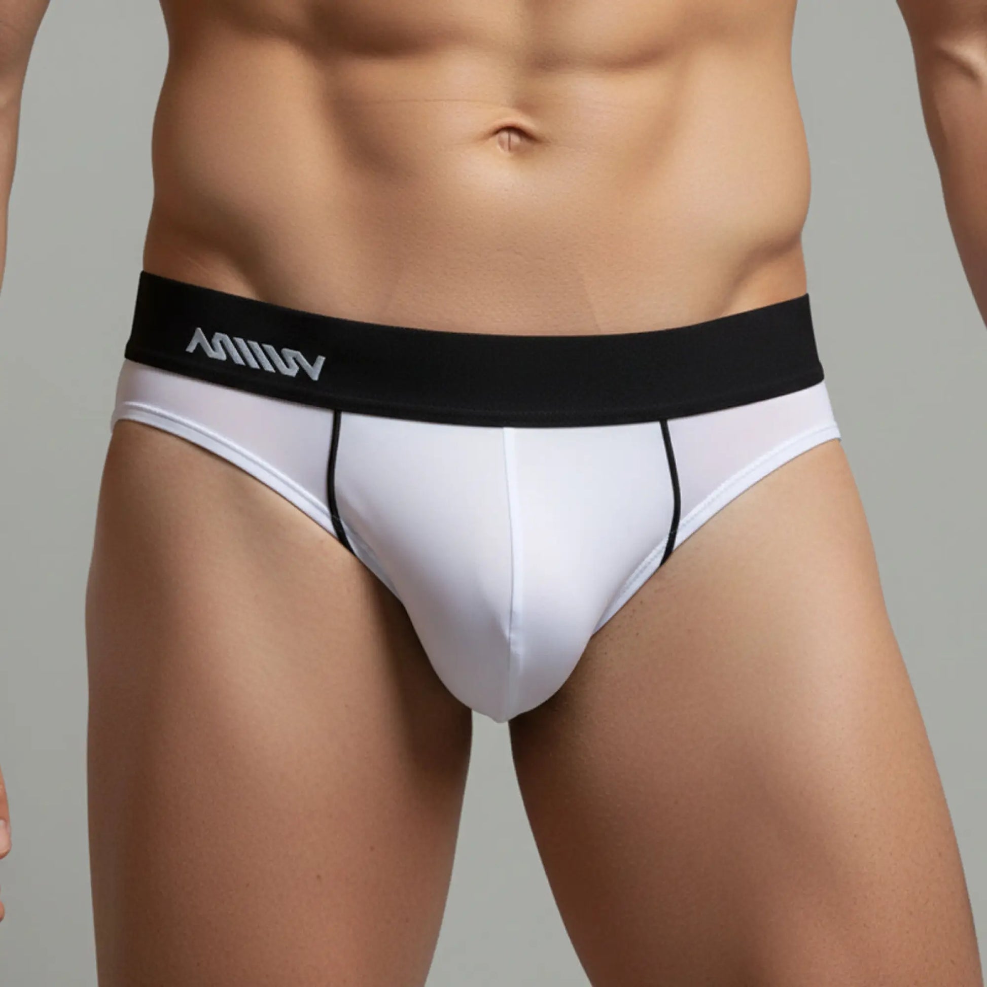 White men’s briefs MetroMaleWear Flow Brief 6113-00 with black waistband and silver amw logo for comfortable wear