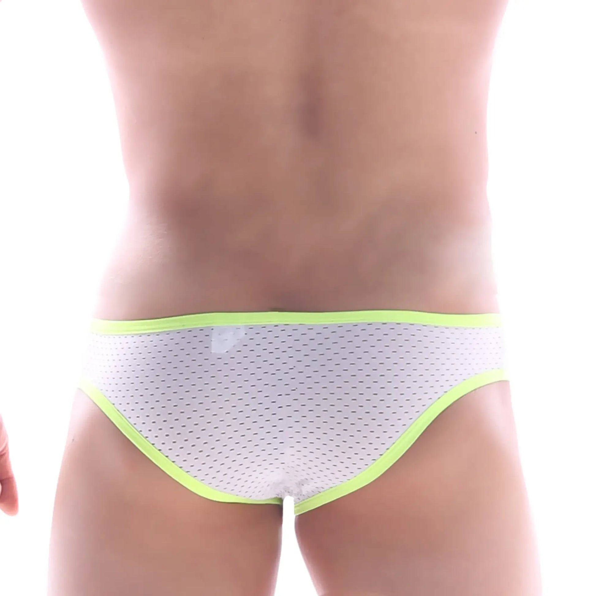 White mesh briefs with neon green trim from MetroMaleWear Focus Brief White 6107-00 showcasing breathable design