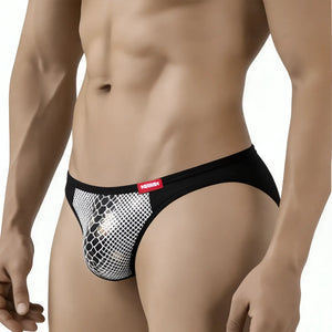 Black and white mesh briefs with red brand tag metro male wear fortuna bikini white 2905-60 front view