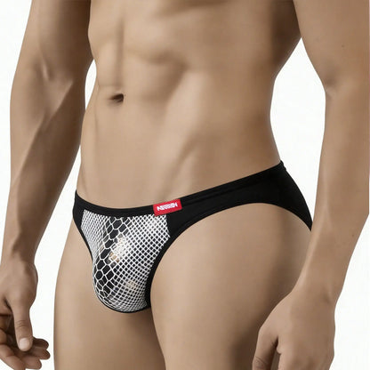Black and white mesh briefs with red brand tag metro male wear fortuna bikini white 2905-60 front view