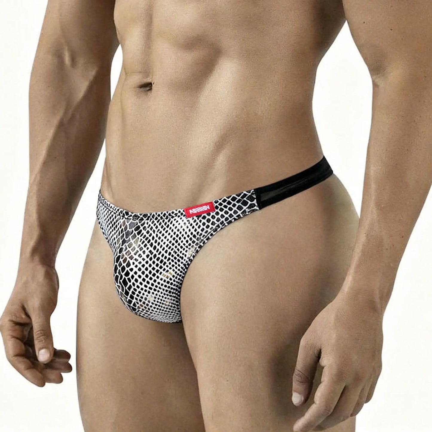 MetroMaleWear Fortuna thong white black and white mesh pattern with red brand tag on waistband front view