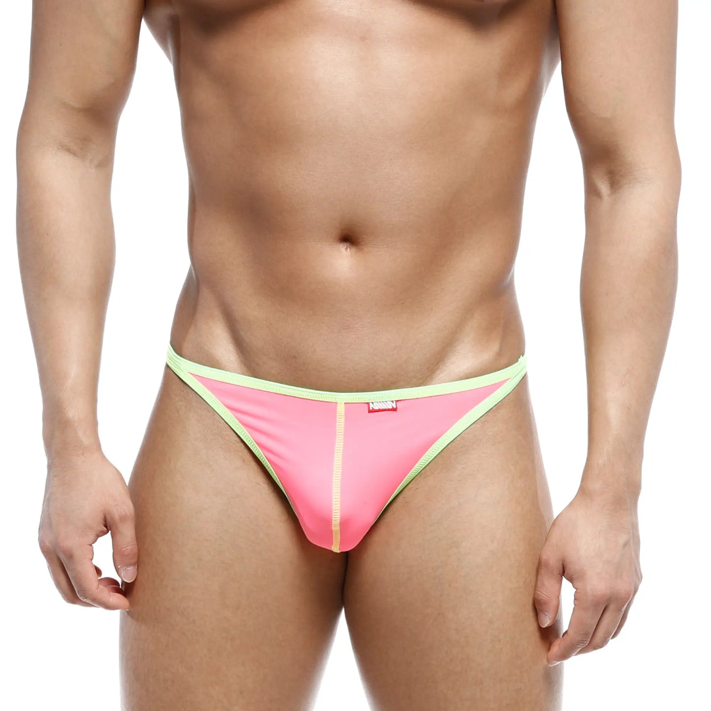 MetroMaleWear freedom thong fuchsia 6012-01 in pink and lime green with a small red brand tag on the waistband