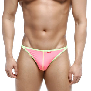 MetroMaleWear freedom thong fuchsia 6012-01 in pink and lime green with a small red brand tag on the waistband