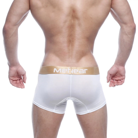 White mens briefs with gold waistband featuring menwear logo from metromalewear fresh short boxer 7 inch 2022 01
