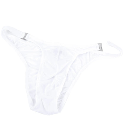 White thong by metromalewear made of smooth stretchy fabric with silver metal clasps at the sides