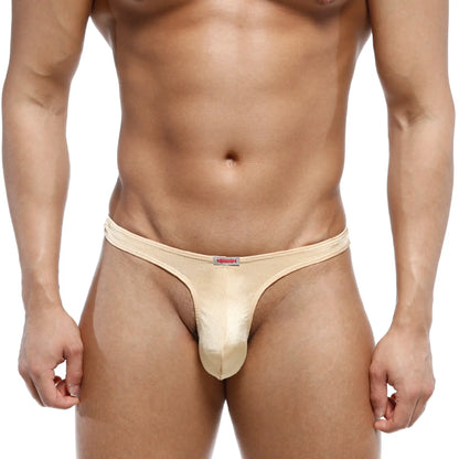 Beige satin thong with a subtle sheen and a small red logo on the waistband from MetroMaleWear Fria Thong Gold 2322-21