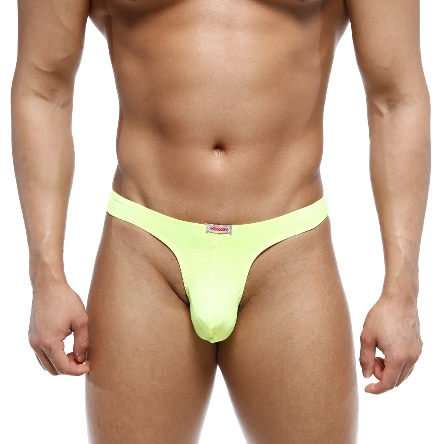 Bright neon green MetroMaleWear Fria thong with a small red and white brand tag at the waistband front view