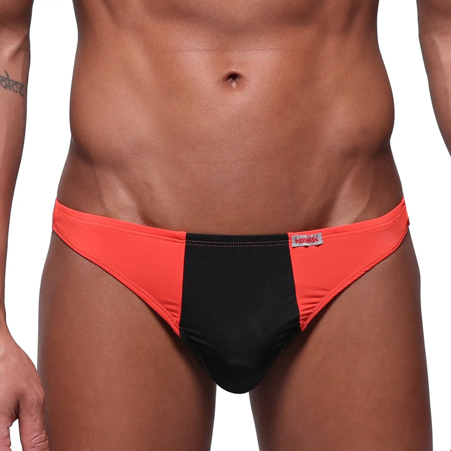 MetroMaleWear fun g coral 6202-14 orange and black two-tone briefs with a red brand tag on the waistband