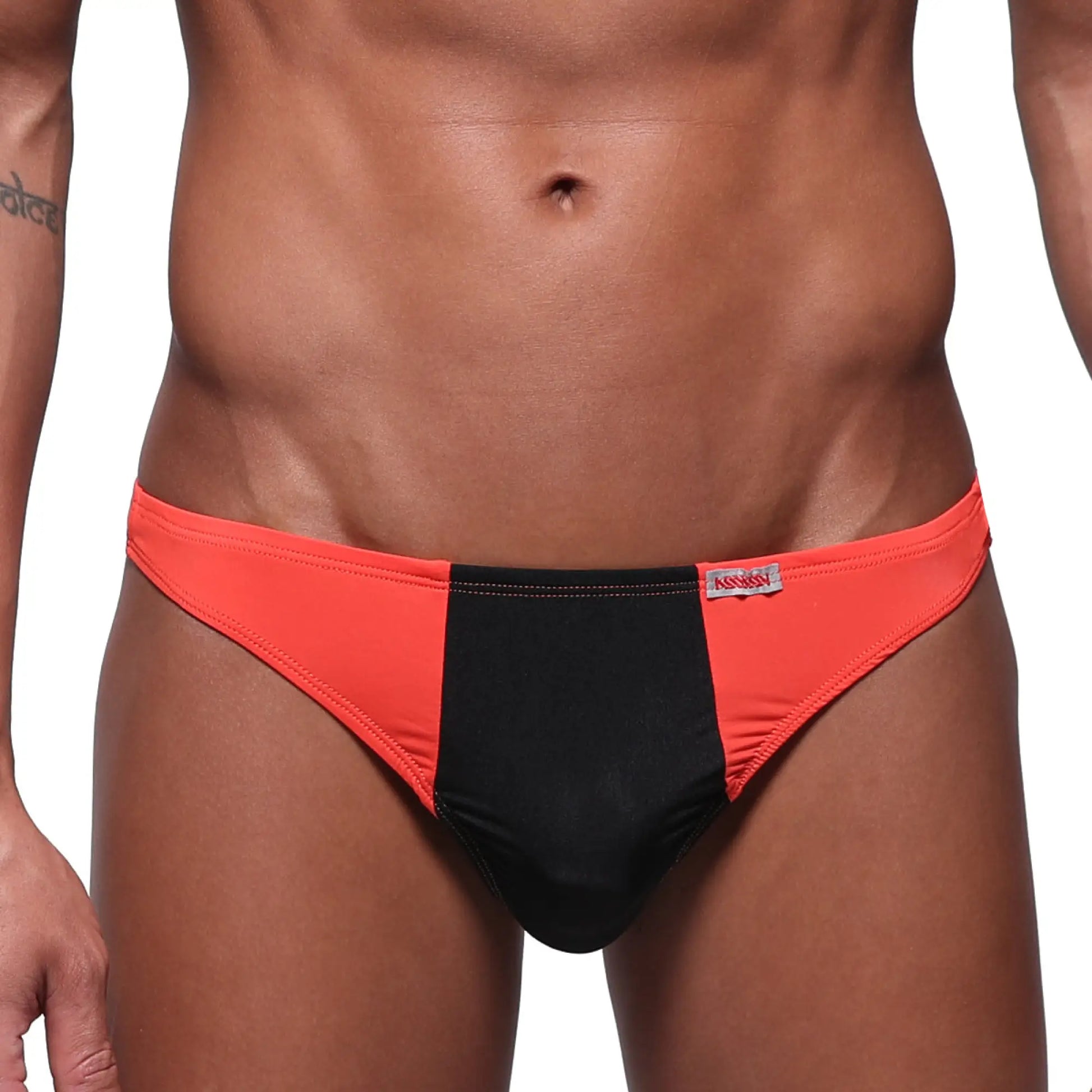 MetroMaleWear fun g coral 6202-14 orange and black two-tone briefs with a red brand tag on the waistband